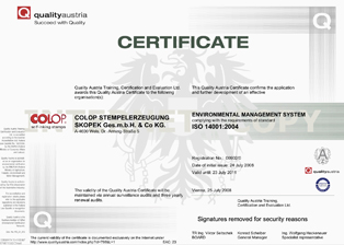 Certificare COLOP ISO 9001:2000, ISO 14001:2004